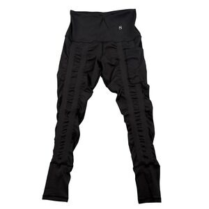 Skinnify Leggings Womens Sz Small Black Resistance Bands Ruched Pocket Training